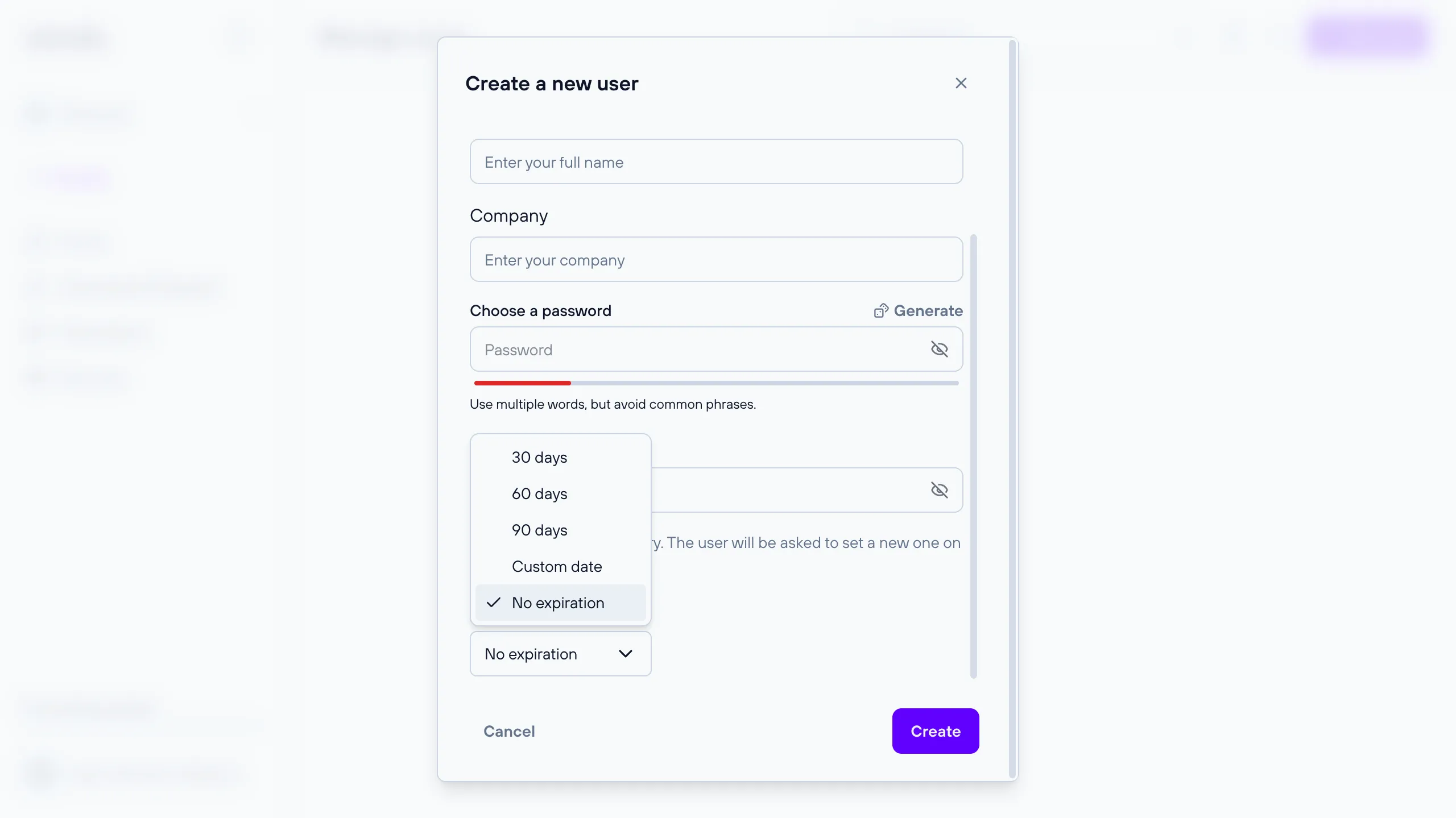 Create or edit user dialog showing the Account expiration field and its options