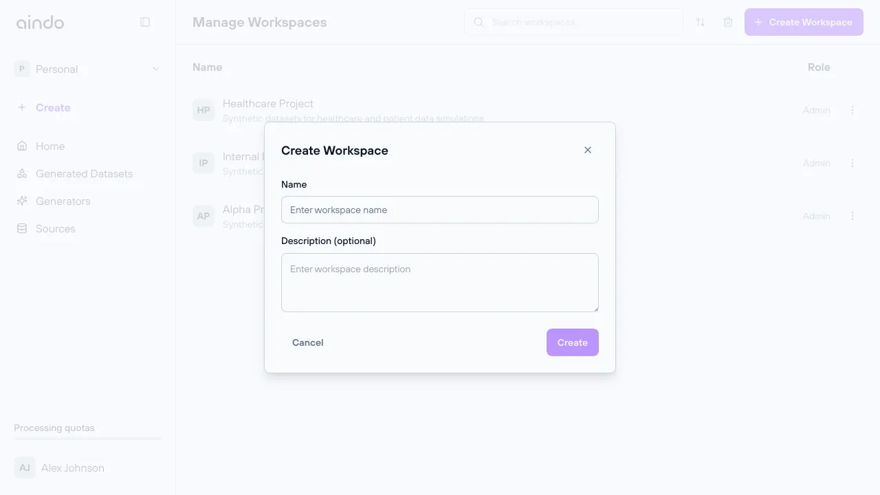 Create workspaces dialog