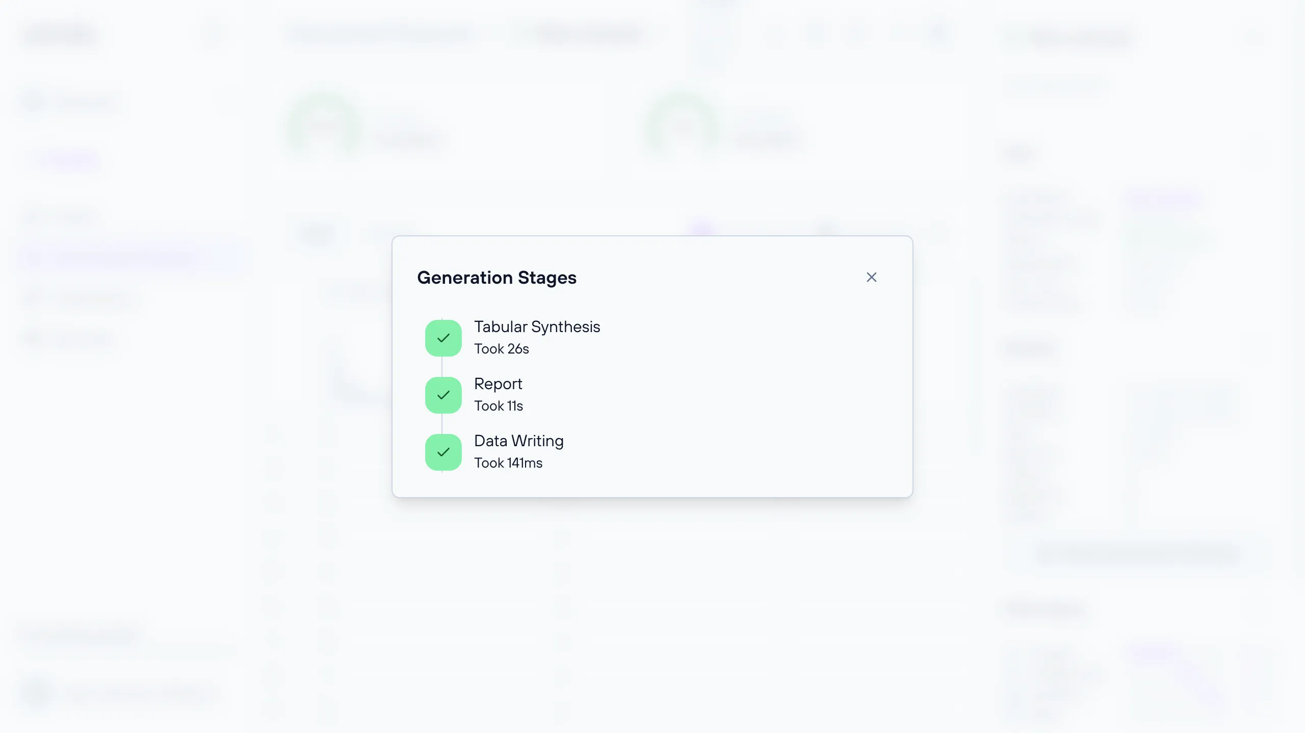Generation Stages dialog listing pipeline stages with elapsed time and outcome